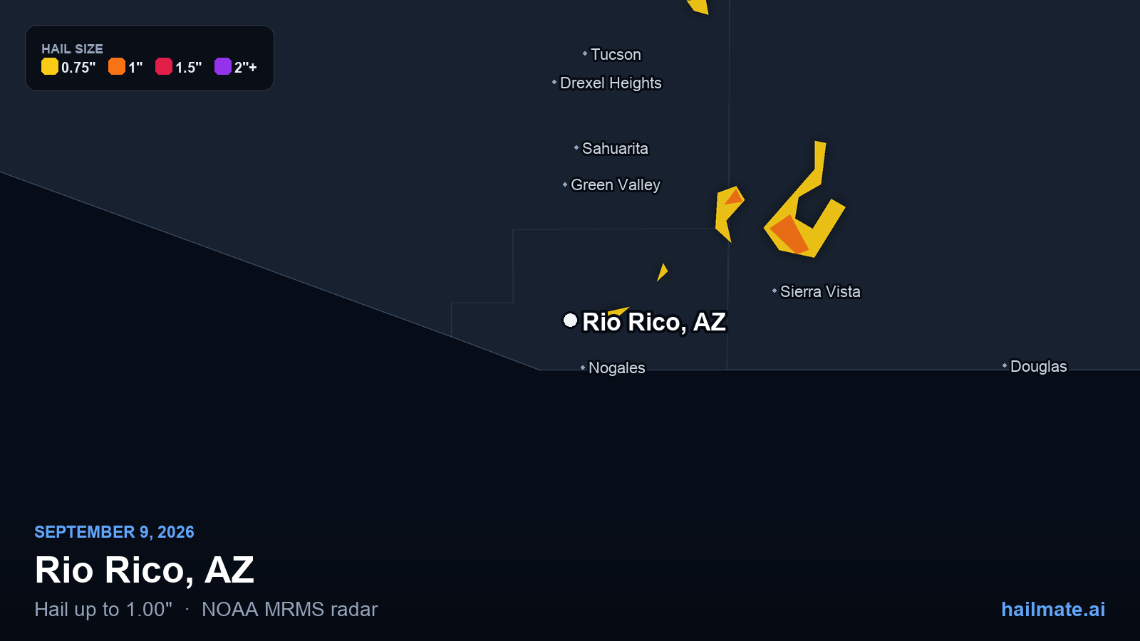 Hail swath map for Rio Rico, AZ on September 9, 2026 showing 1.00 inch hail.