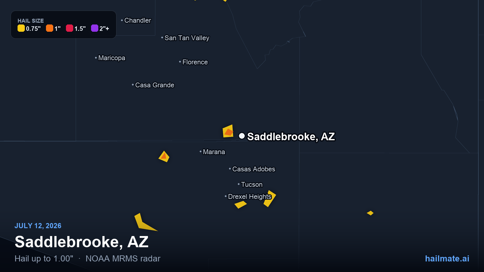 Hail swath map for Saddlebrooke, AZ on July 12, 2026 showing 1.00 inch hail.