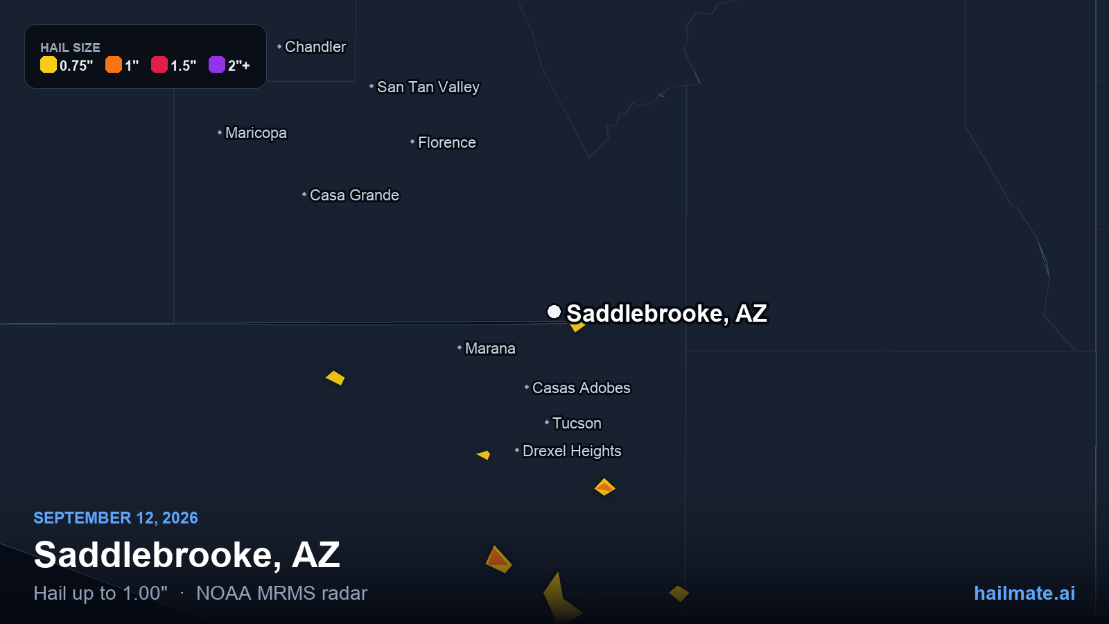 Hail swath map for Saddlebrooke, AZ on September 12, 2026 showing 1.00 inch hail.