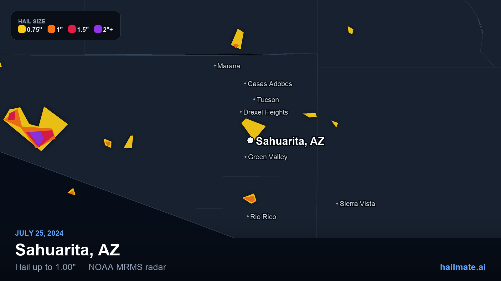 Hail swath map for Sahuarita, AZ on July 25, 2024 showing 1.00 inch hail.