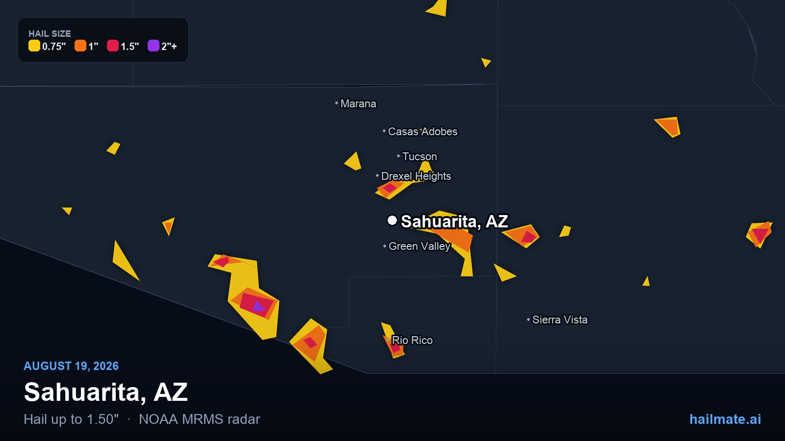 Hail swath map for Sahuarita, AZ on August 19, 2026 showing 1.50 inch hail.