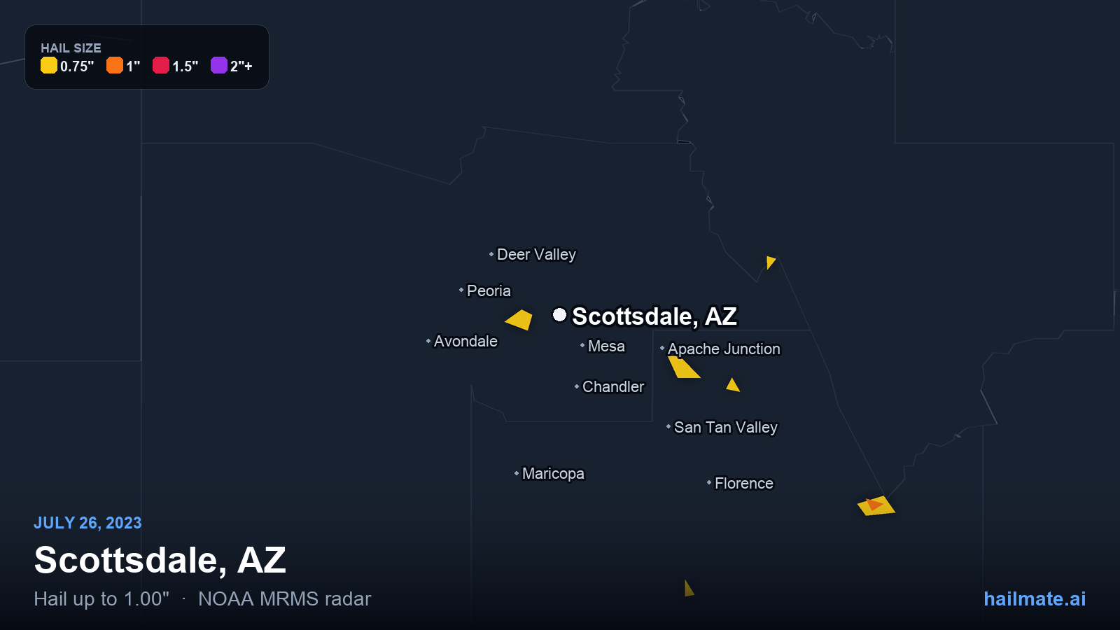 Hail swath map for Scottsdale, AZ on July 26, 2023 showing 1.00 inch hail.