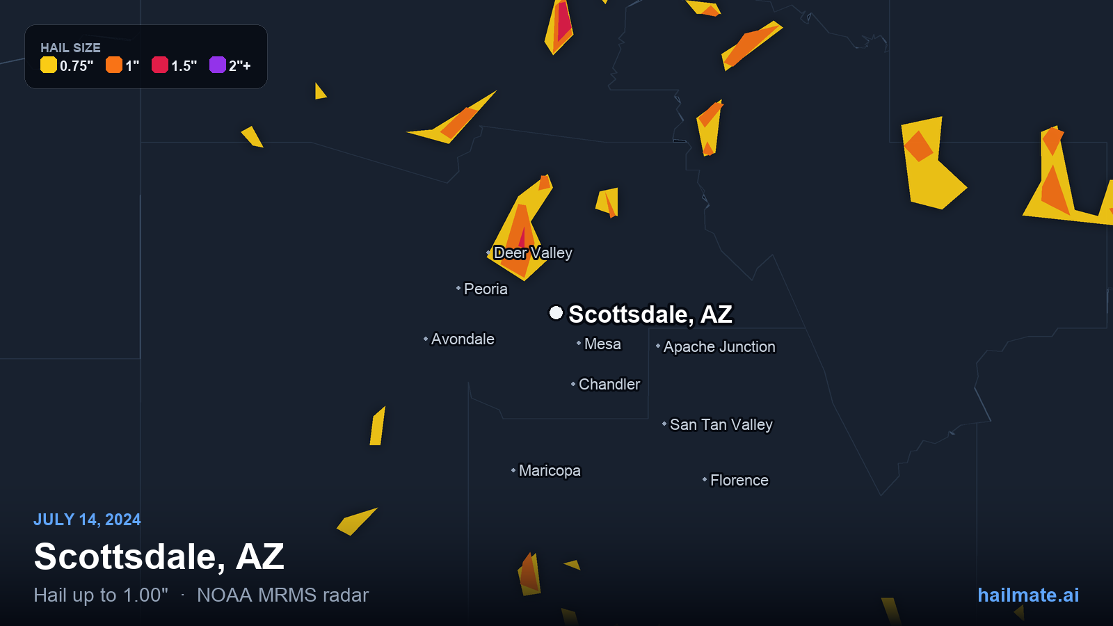 Hail swath map for Scottsdale, AZ on July 14, 2024 showing 1.00 inch hail.