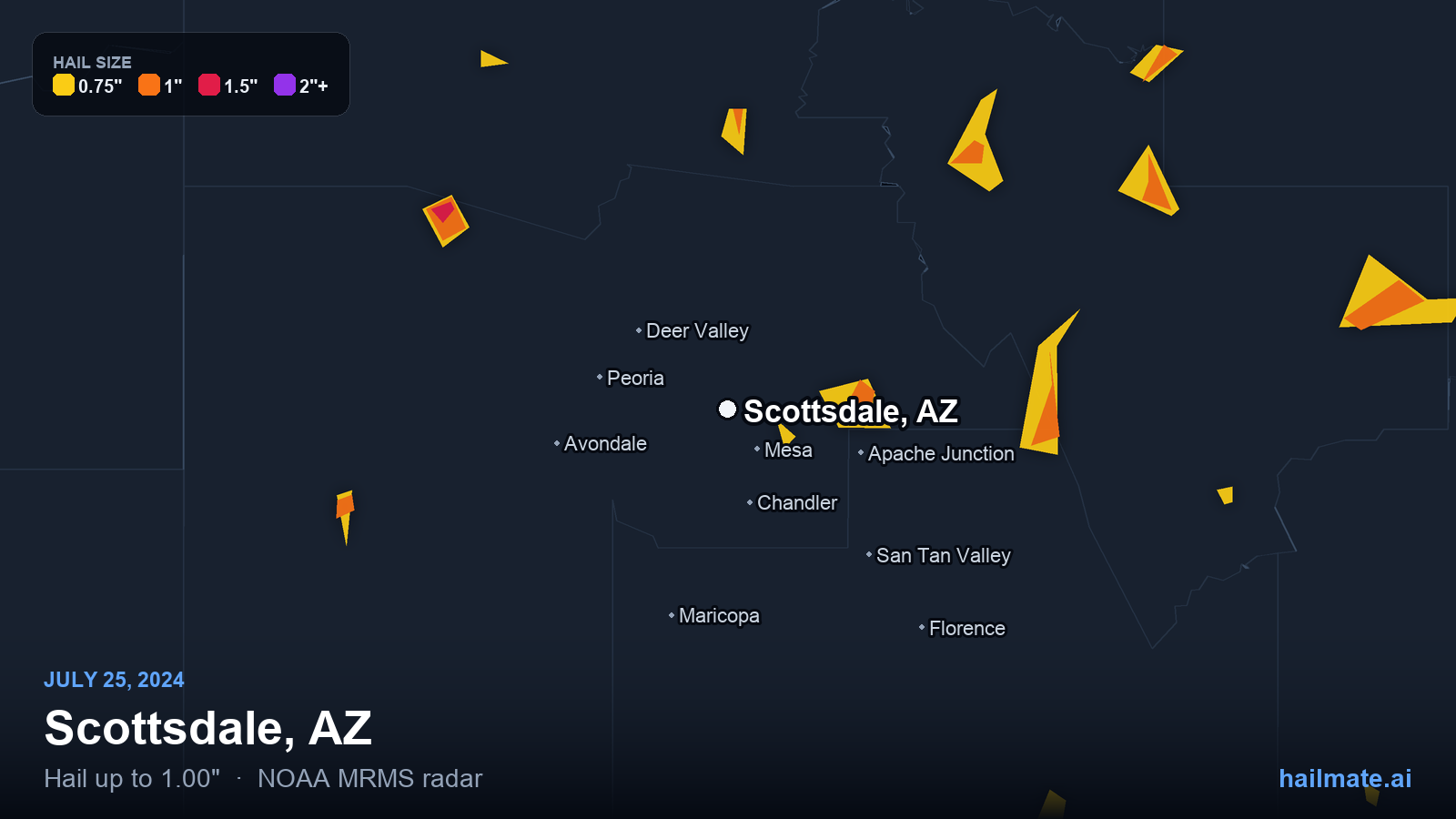 Hail swath map for Scottsdale, AZ on July 25, 2024 showing 1.00 inch hail.
