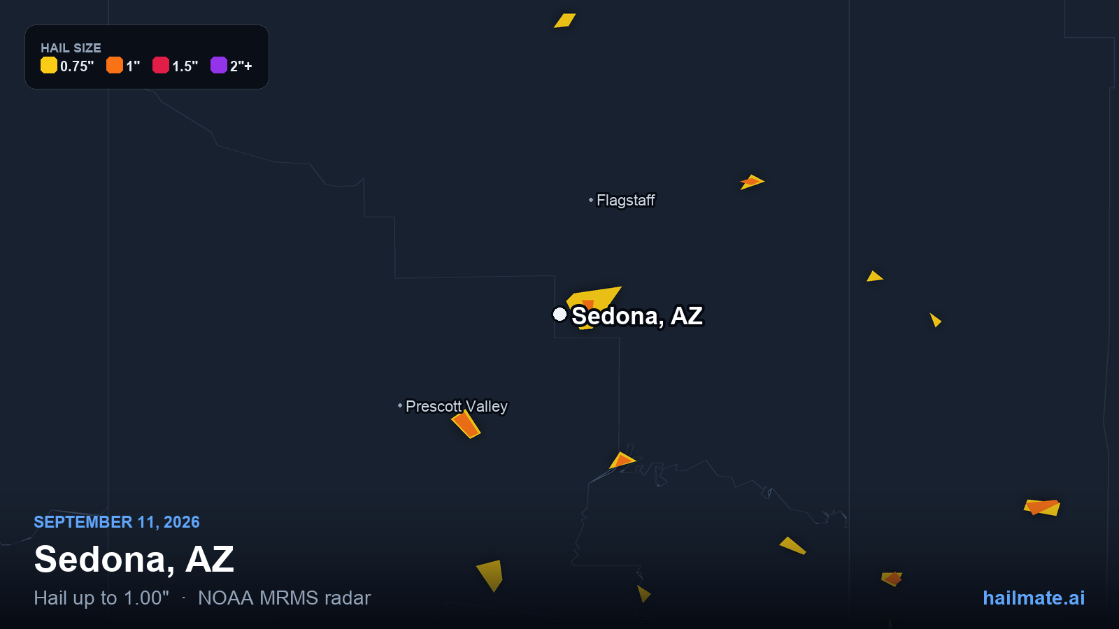 Hail swath map for Sedona, AZ on September 11, 2026 showing 1.00 inch hail.