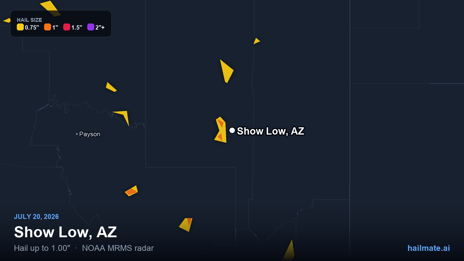 Hail swath map for Show Low, AZ on July 20, 2026 showing 1.00 inch hail.