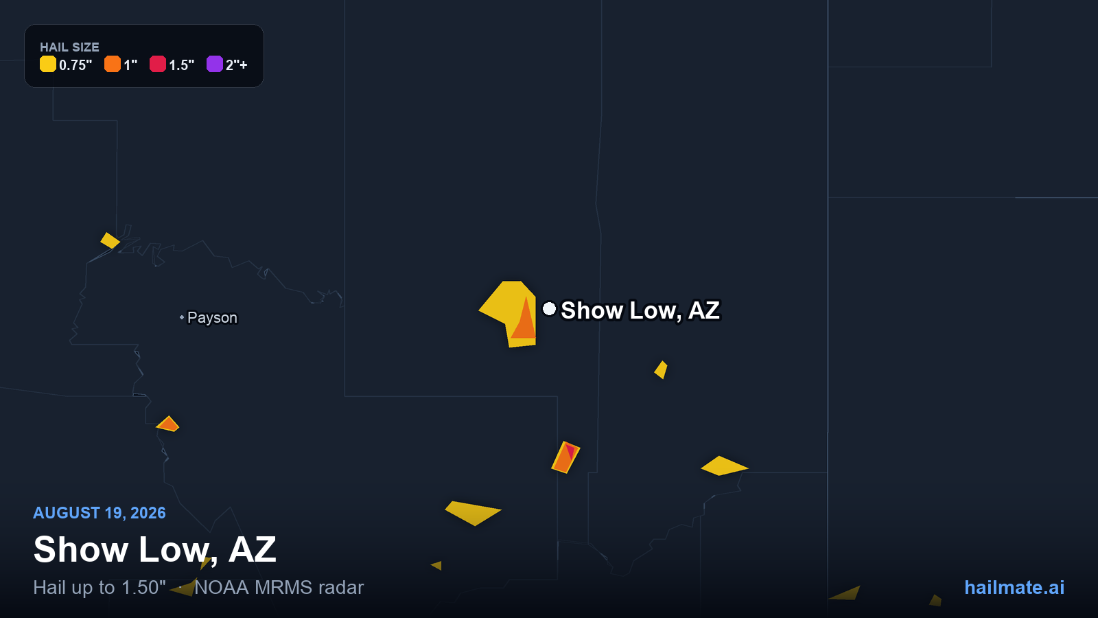 Hail swath map for Show Low, AZ on August 19, 2026 showing 1.50 inch hail.