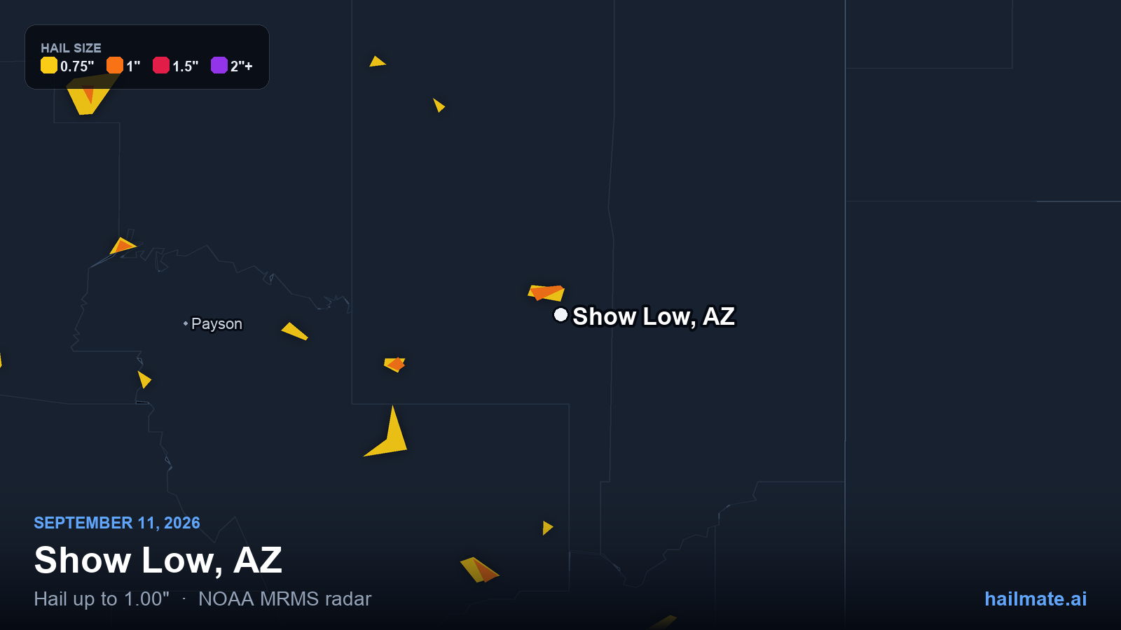 Hail swath map for Show Low, AZ on September 11, 2026 showing 1.00 inch hail.