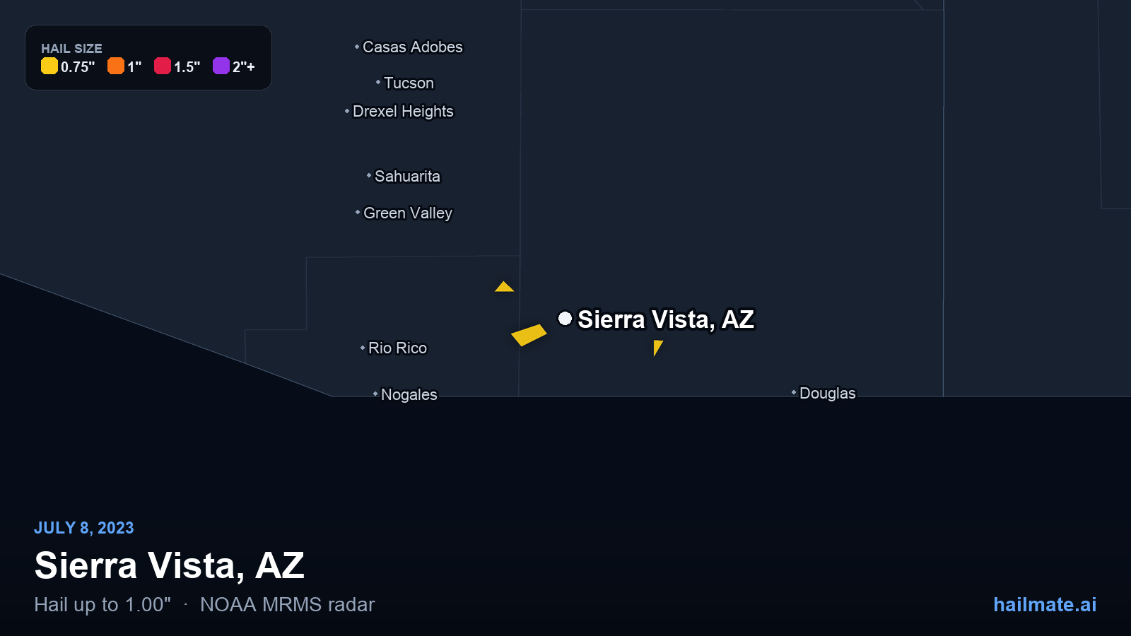 Hail swath map for Sierra Vista, AZ on July 8, 2023 showing 1.00 inch hail.