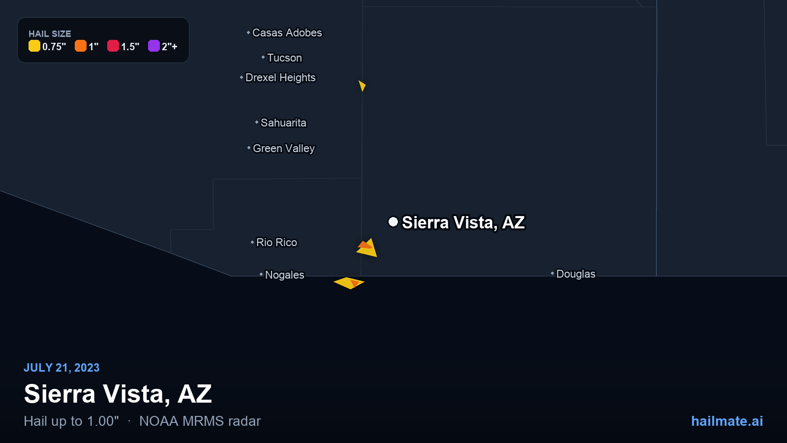 Hail swath map for Sierra Vista, AZ on July 21, 2023 showing 1.00 inch hail.