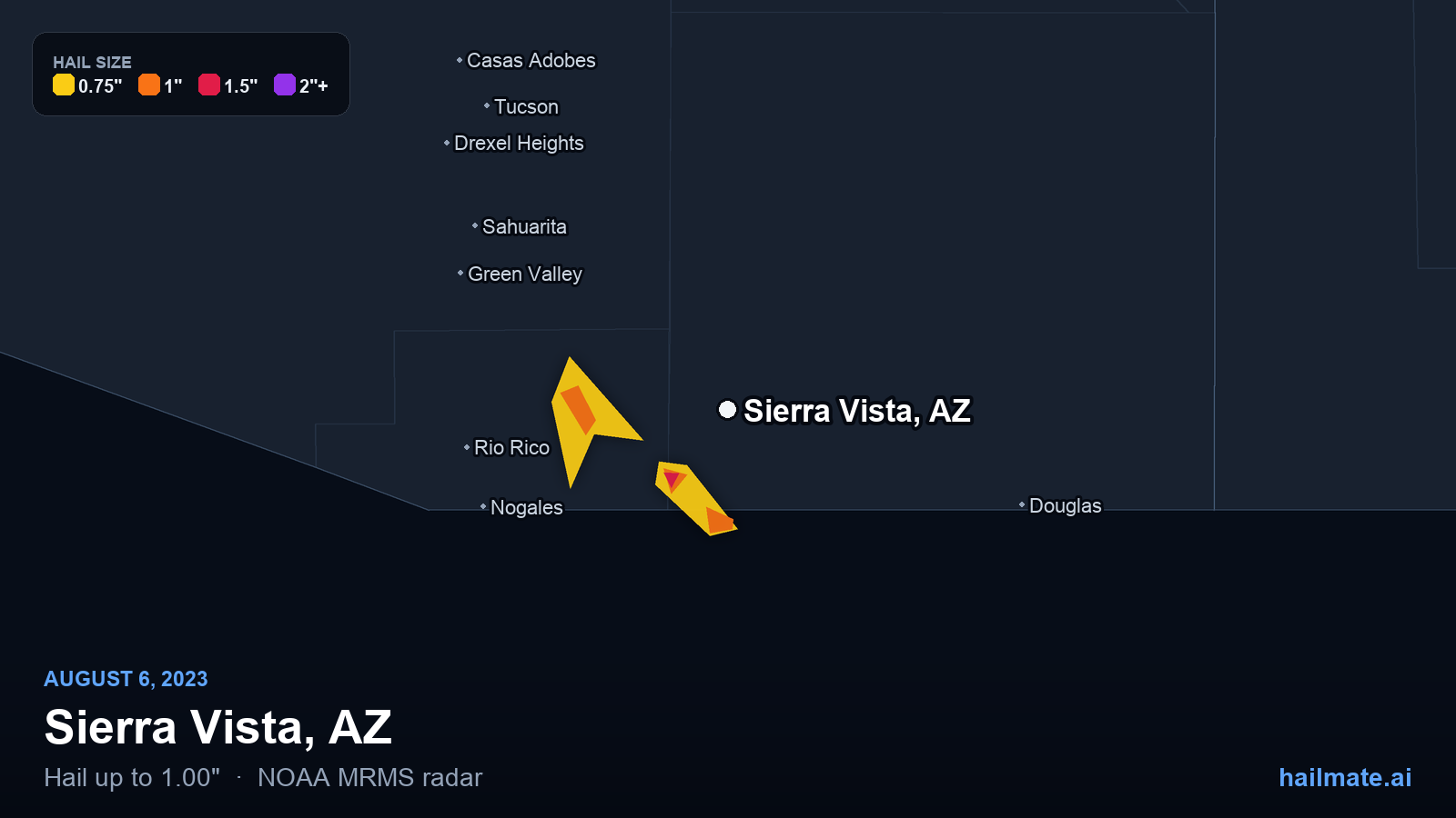 Hail swath map for Sierra Vista, AZ on August 6, 2023 showing 1.00 inch hail.