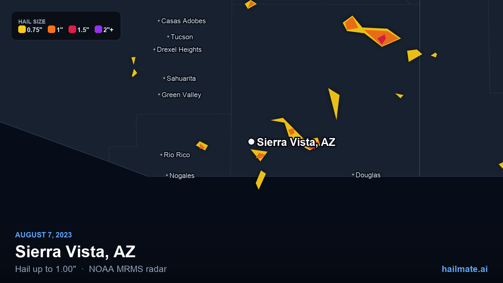 Hail swath map for Sierra Vista, AZ on August 7, 2023 showing 1.00 inch hail.