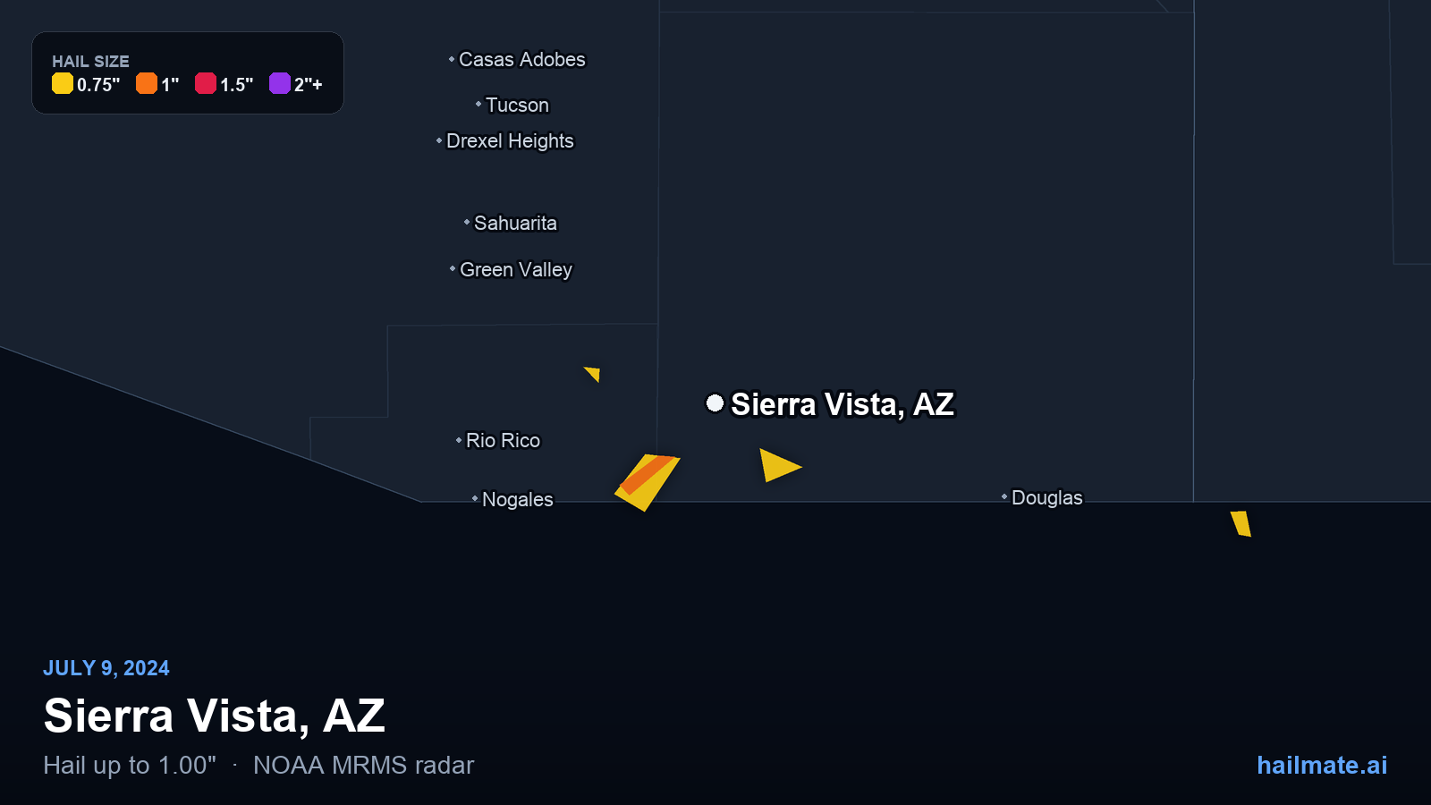 Hail swath map for Sierra Vista, AZ on July 9, 2024 showing 1.00 inch hail.