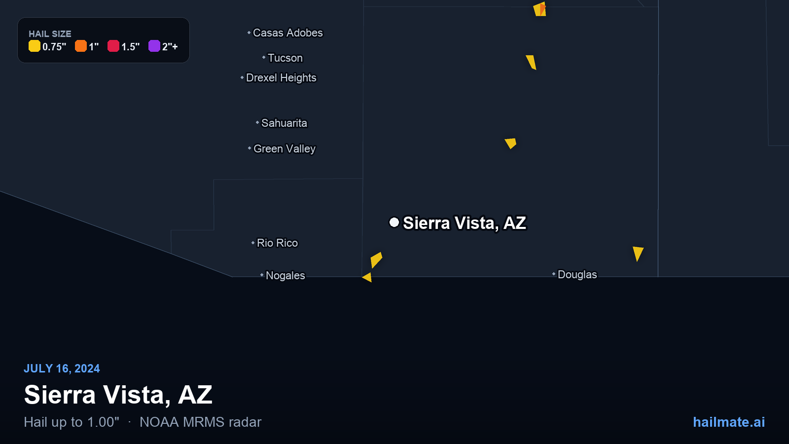 Hail swath map for Sierra Vista, AZ on July 16, 2024 showing 1.00 inch hail.