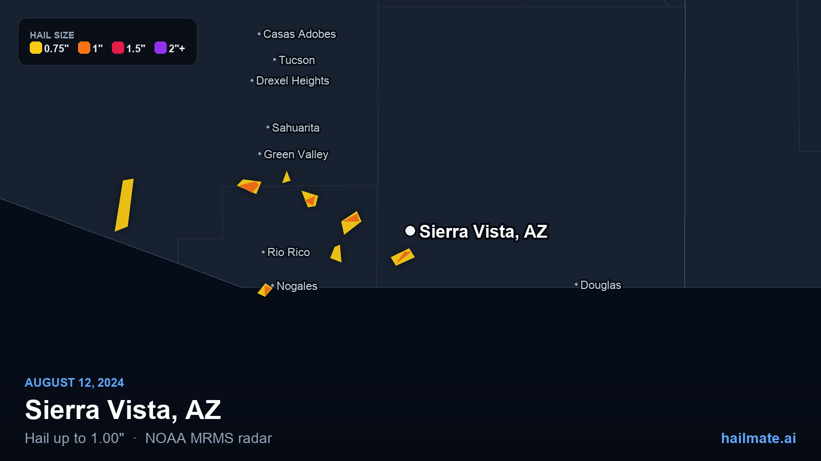 Hail swath map for Sierra Vista, AZ on August 12, 2024 showing 1.00 inch hail.