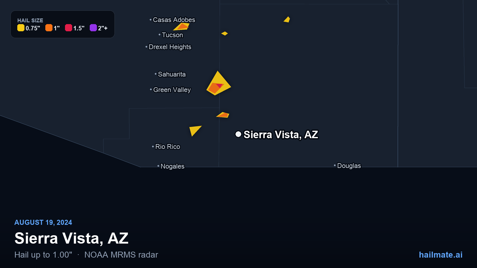 Hail swath map for Sierra Vista, AZ on August 19, 2024 showing 1.00 inch hail.