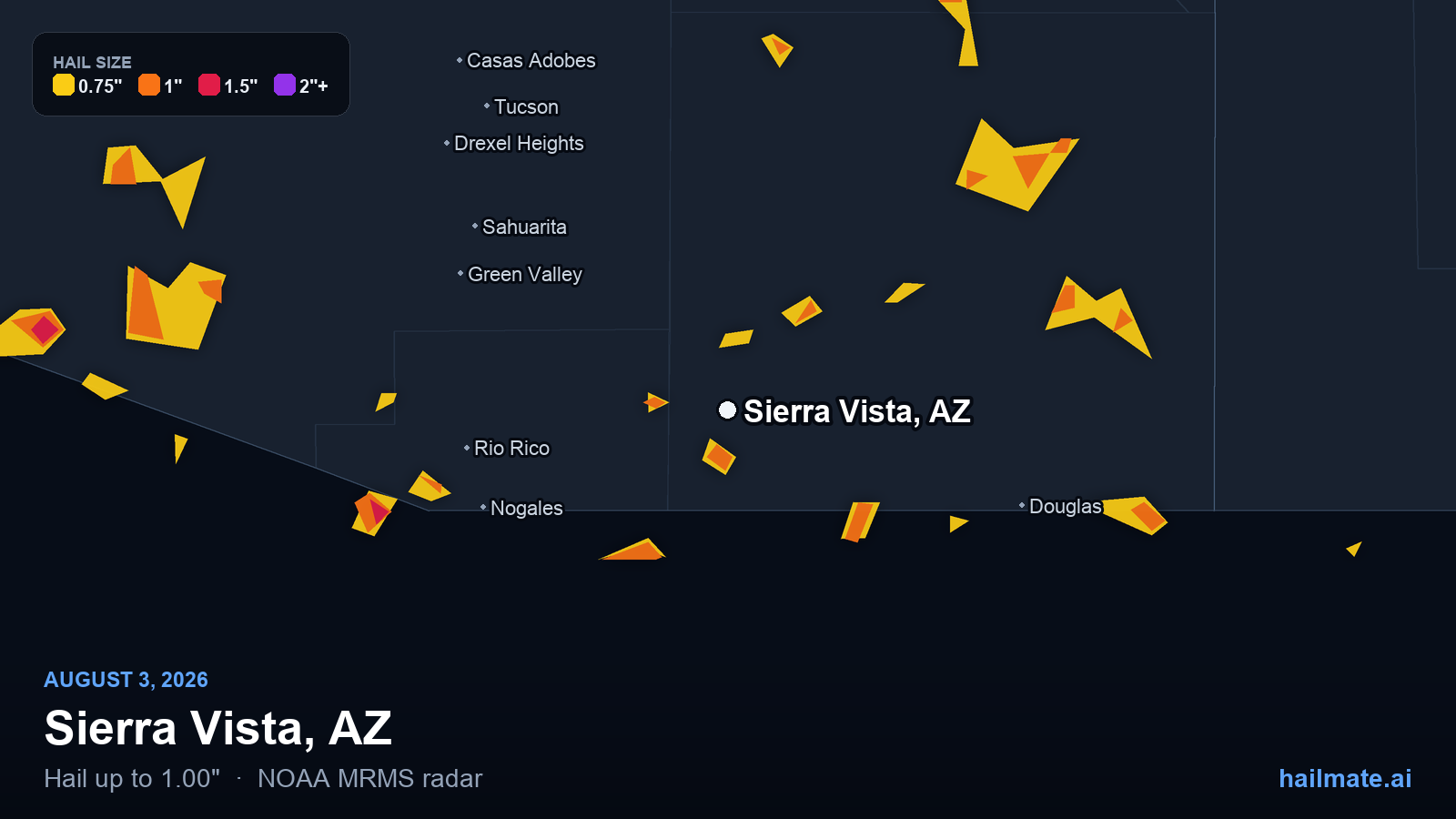 Hail swath map for Sierra Vista, AZ on August 3, 2026 showing 1.00 inch hail.