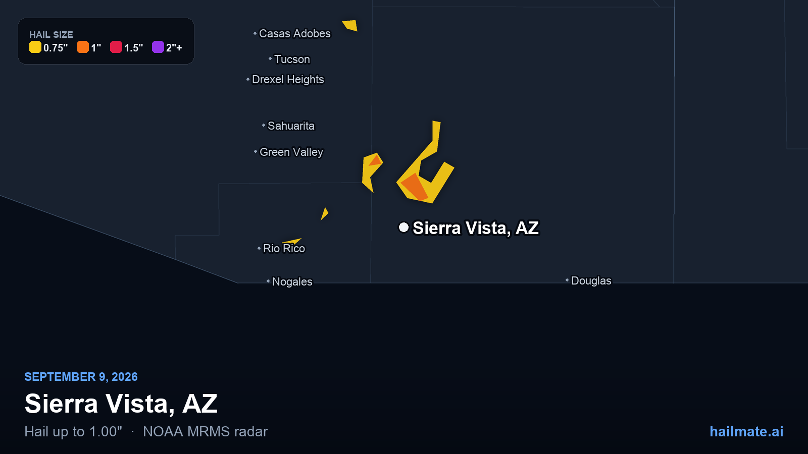 Hail swath map for Sierra Vista, AZ on September 9, 2026 showing 1.00 inch hail.