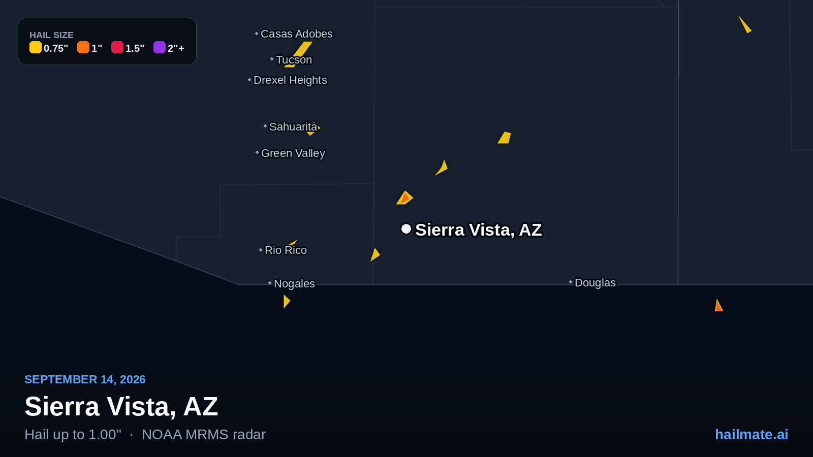Hail swath map for Sierra Vista, AZ on September 14, 2026 showing 1.00 inch hail.