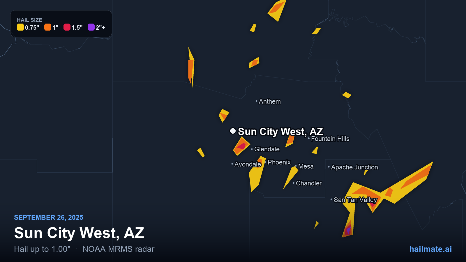 Hail swath map for Sun City West, AZ on September 26, 2025 showing 1.00 inch hail.