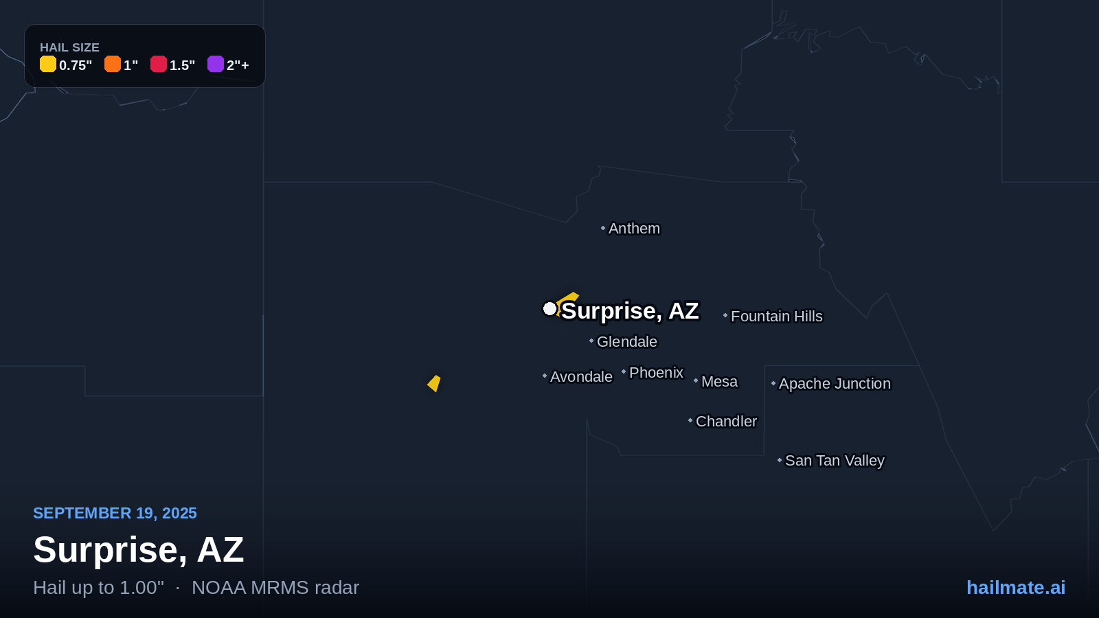 Hail swath map for Surprise, AZ on September 19, 2025 showing 1.00 inch hail.