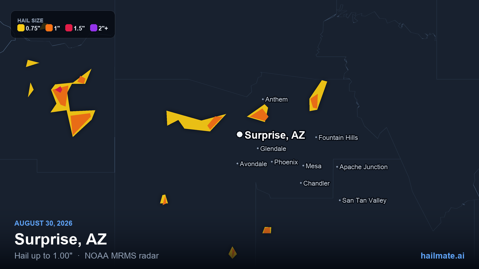 Hail swath map for Surprise, AZ on August 30, 2026 showing 1.00 inch hail.