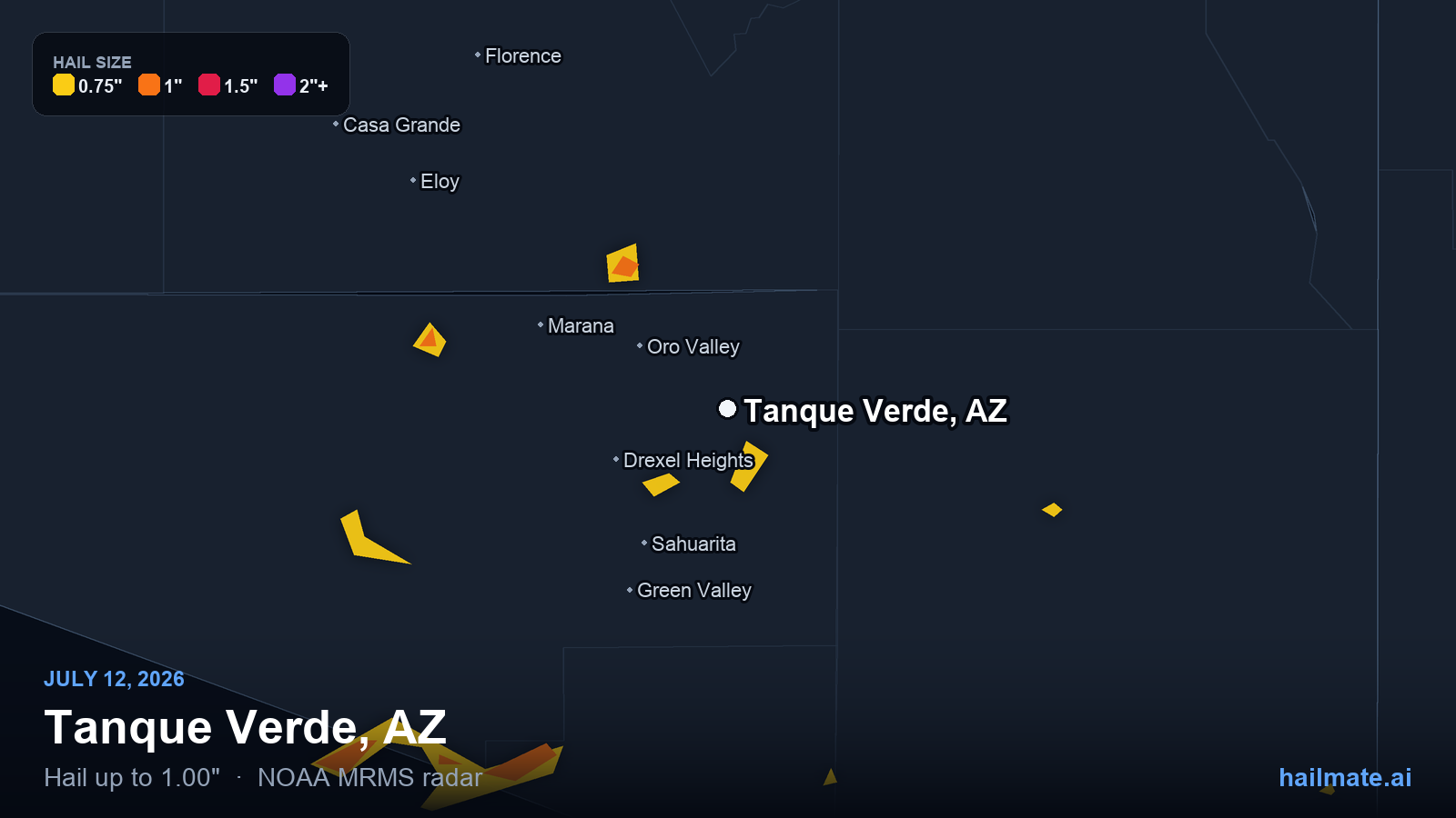 Hail swath map for Tanque Verde, AZ on July 12, 2026 showing 1.00 inch hail.