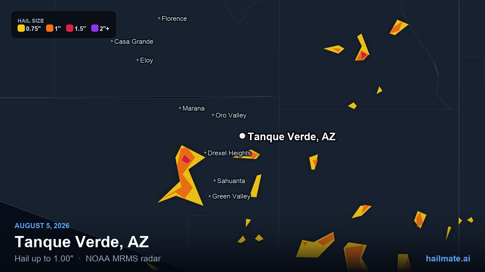 Hail swath map for Tanque Verde, AZ on August 5, 2026 showing 1.00 inch hail.
