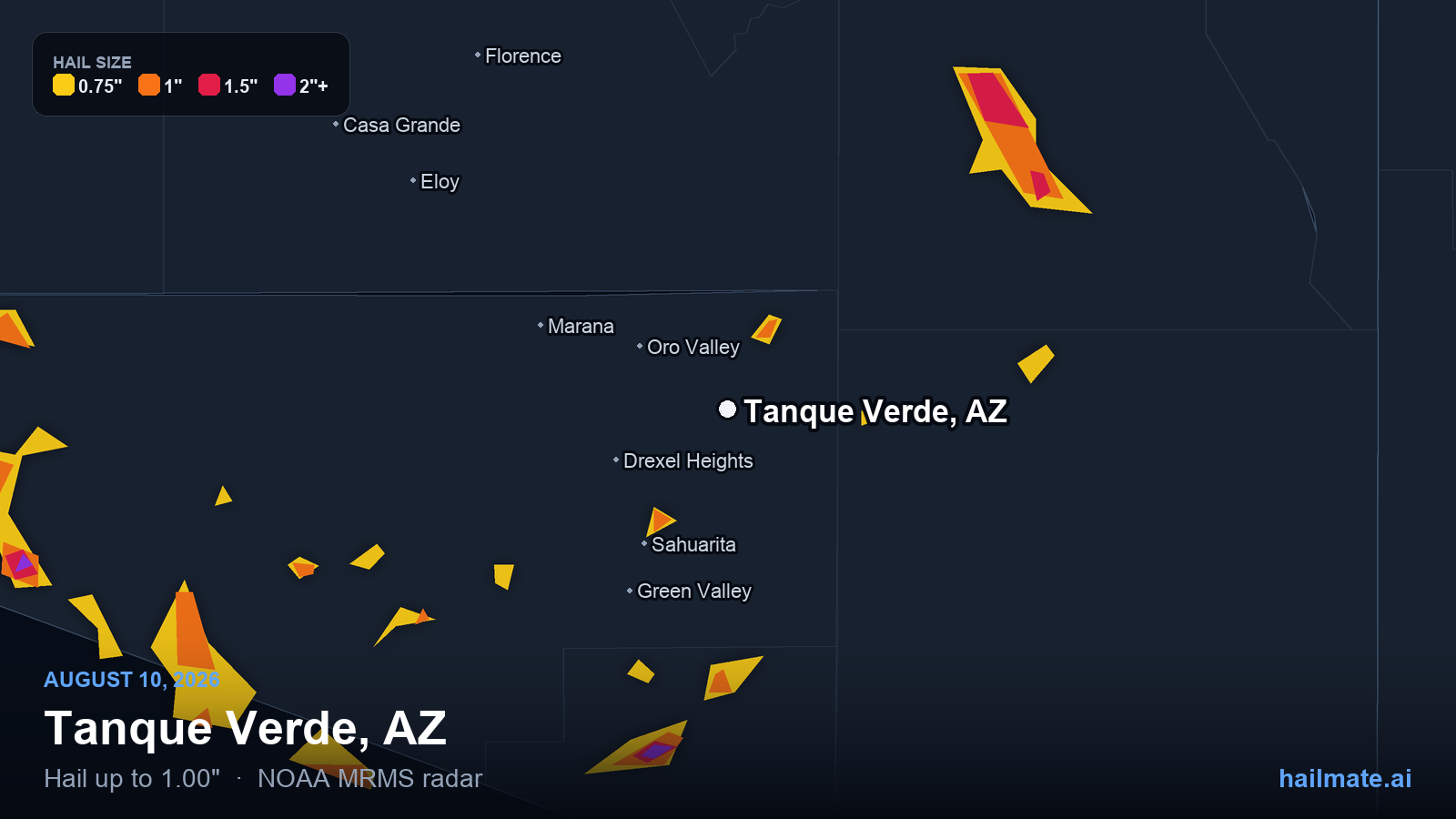 Hail swath map for Tanque Verde, AZ on August 10, 2026 showing 1.00 inch hail.