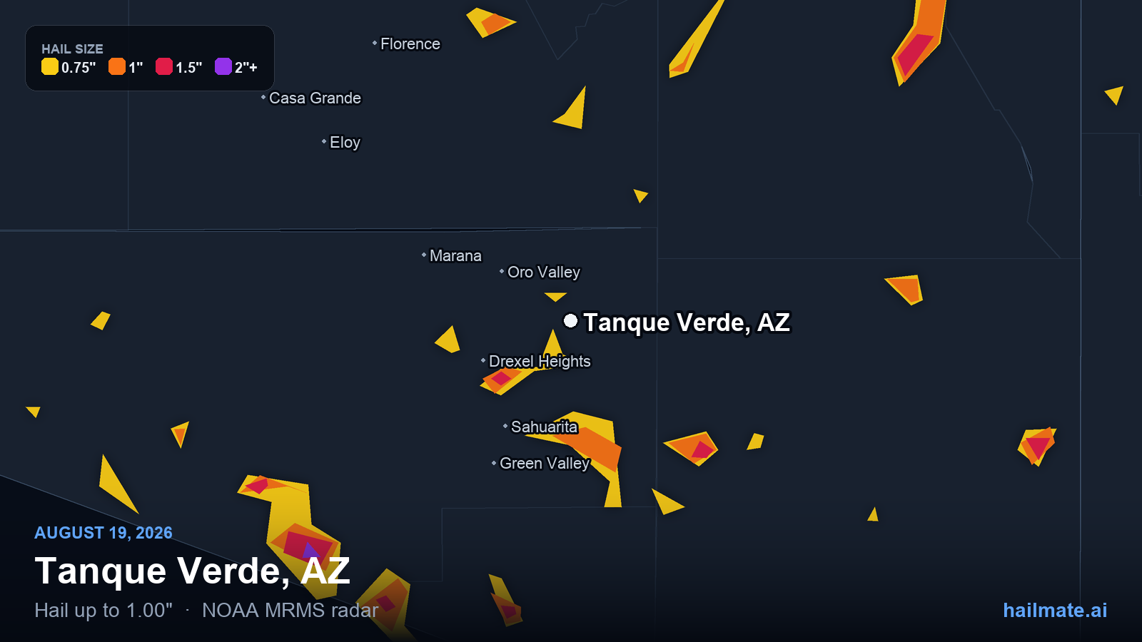 Hail swath map for Tanque Verde, AZ on August 19, 2026 showing 1.00 inch hail.