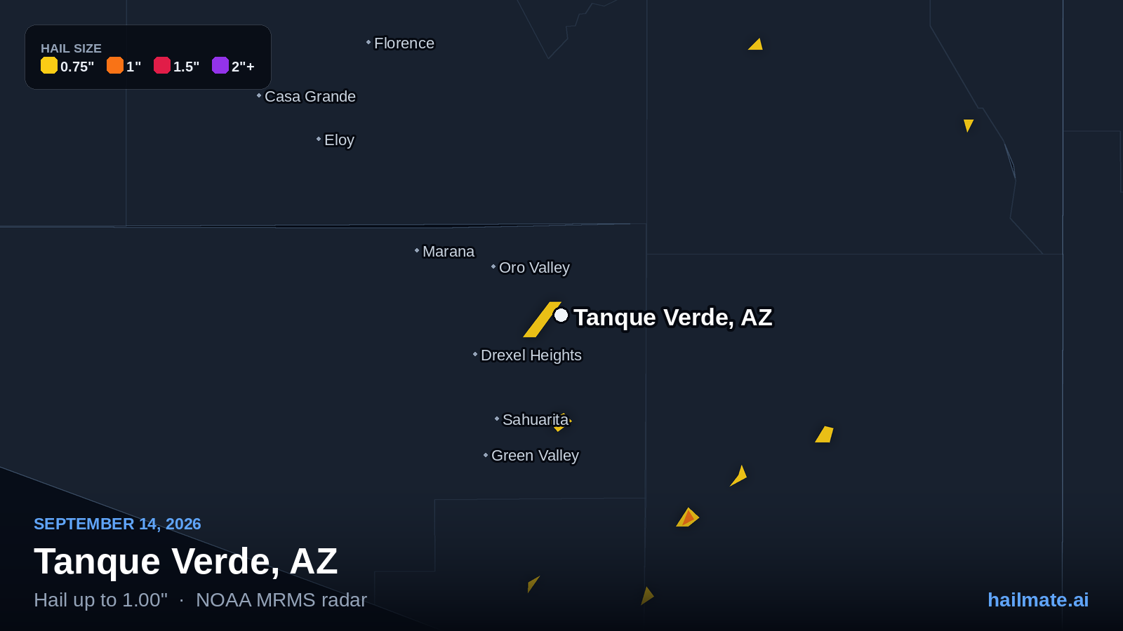 Hail swath map for Tanque Verde, AZ on September 14, 2026 showing 1.00 inch hail.