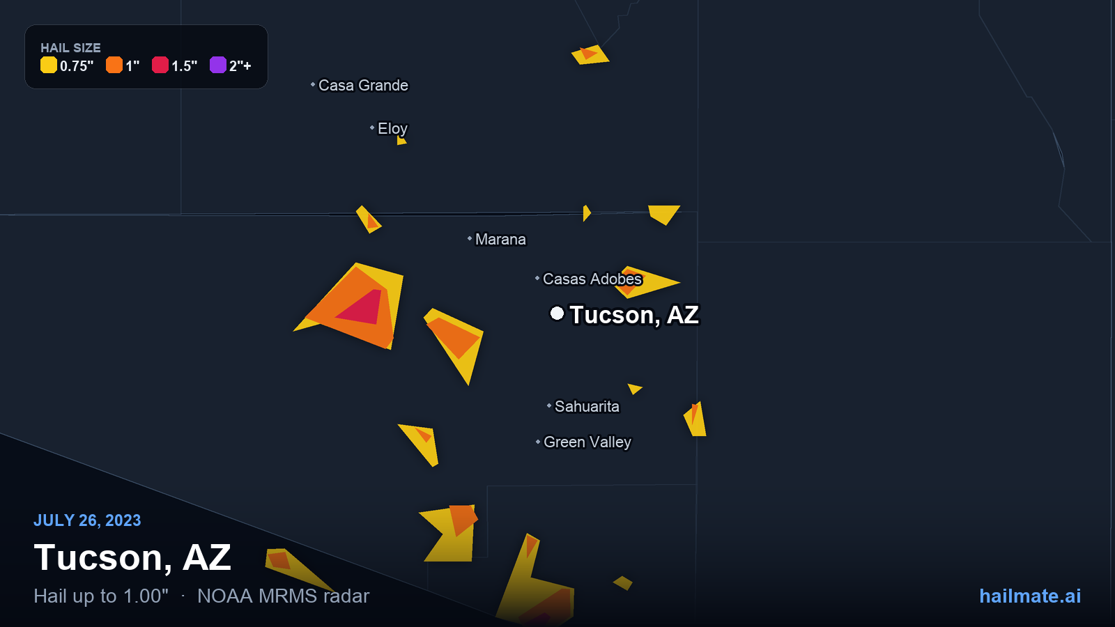 Hail swath map for Tucson, AZ on July 26, 2023 showing 1.00 inch hail.