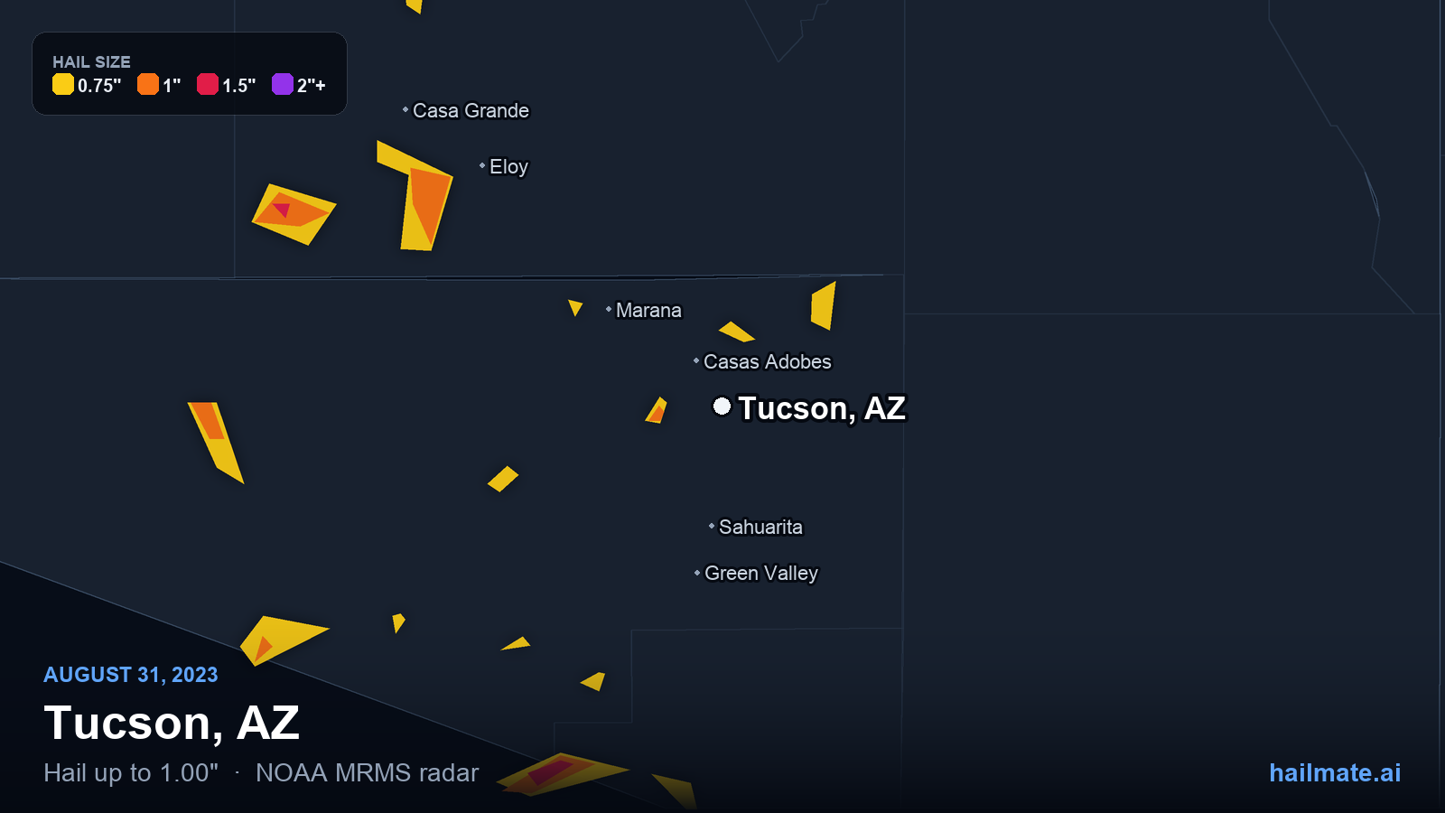 Hail swath map for Tucson, AZ on August 31, 2023 showing 1.00 inch hail.