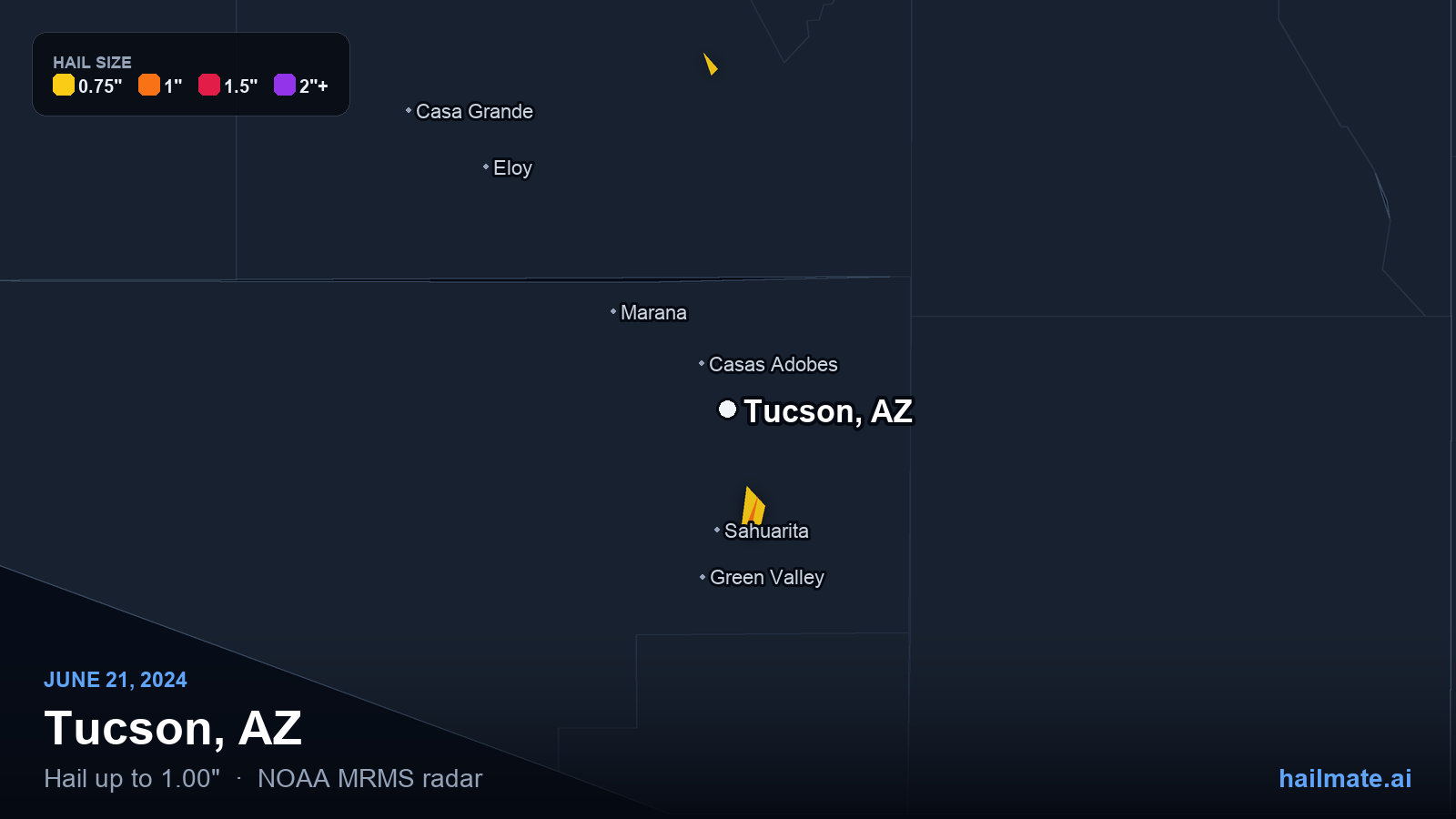 Hail swath map for Tucson, AZ on June 21, 2024 showing 1.00 inch hail.