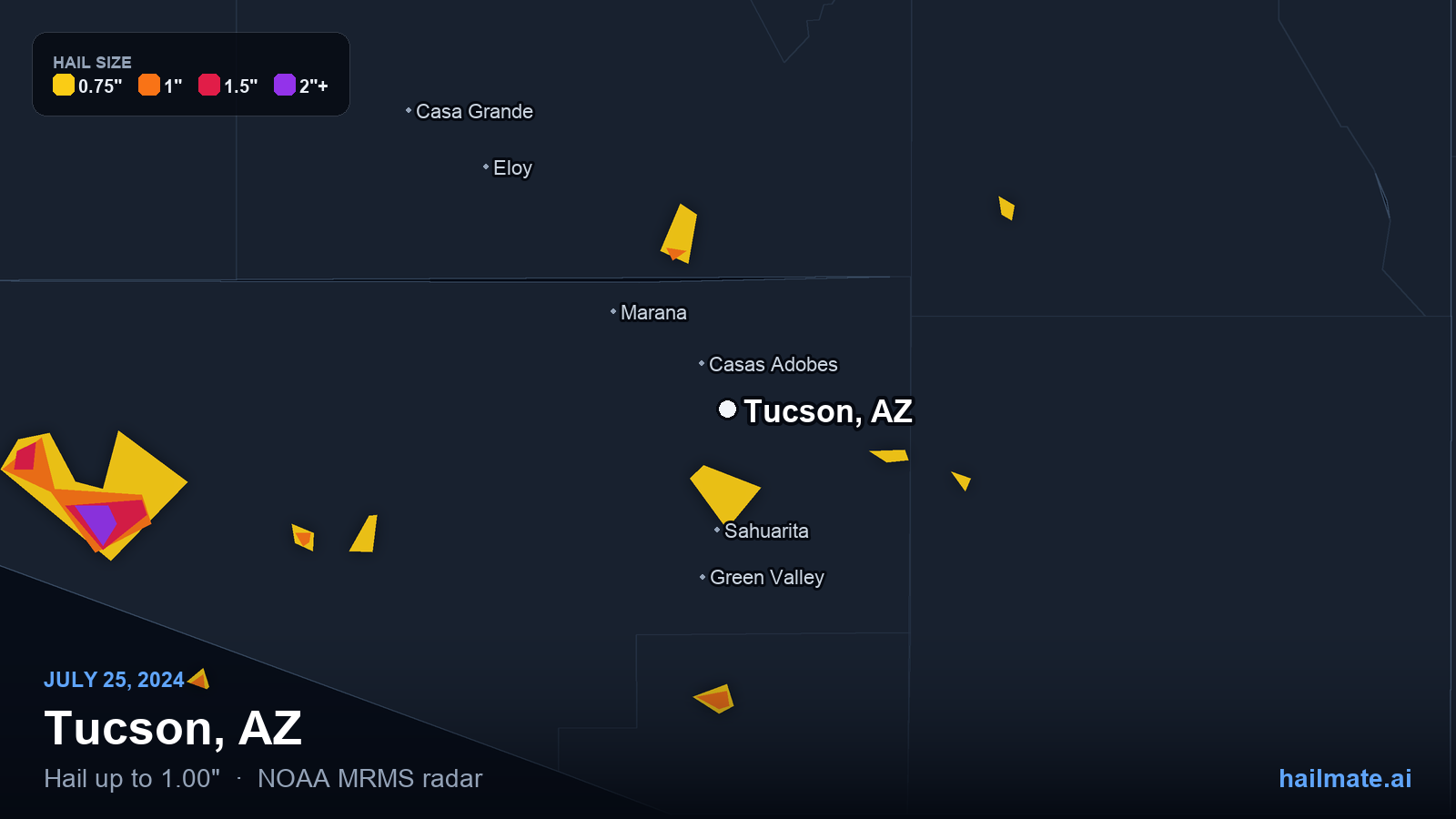 Hail swath map for Tucson, AZ on July 25, 2024 showing 1.00 inch hail.