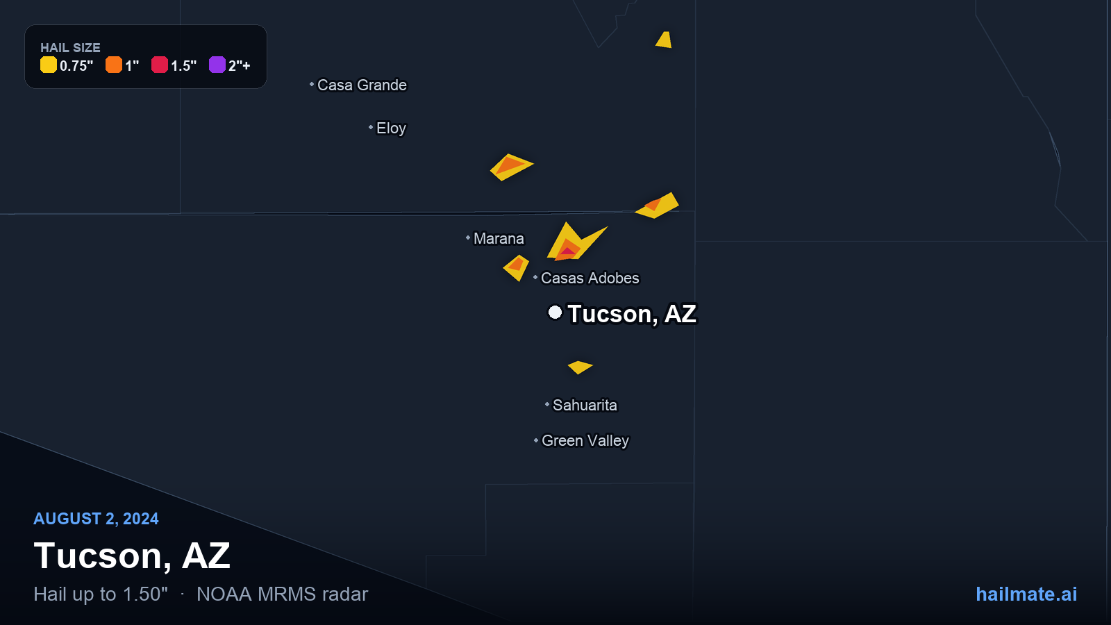 Hail swath map for Tucson, AZ on August 2, 2024 showing 1.50 inch hail.
