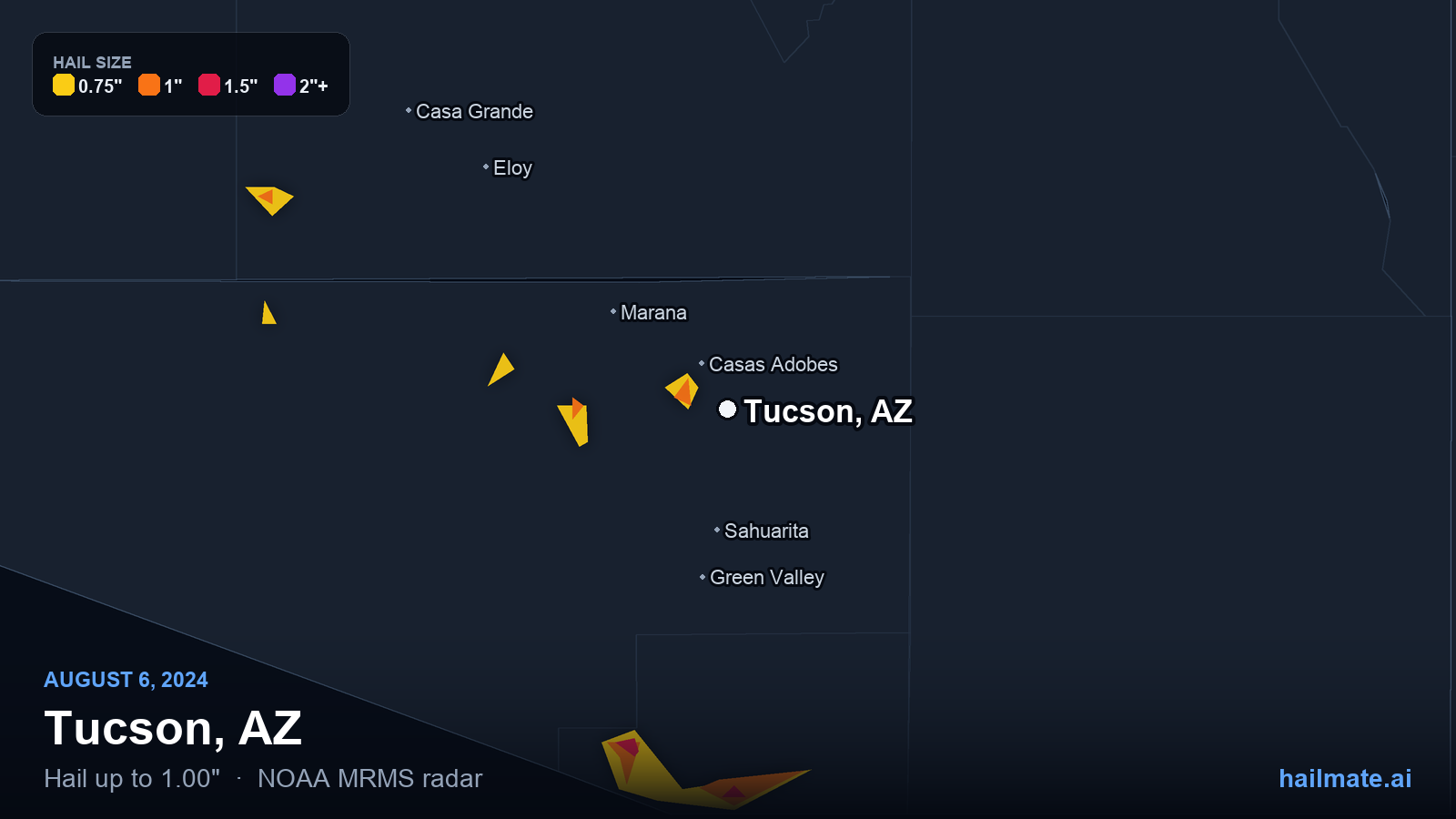 Hail swath map for Tucson, AZ on August 6, 2024 showing 1.00 inch hail.