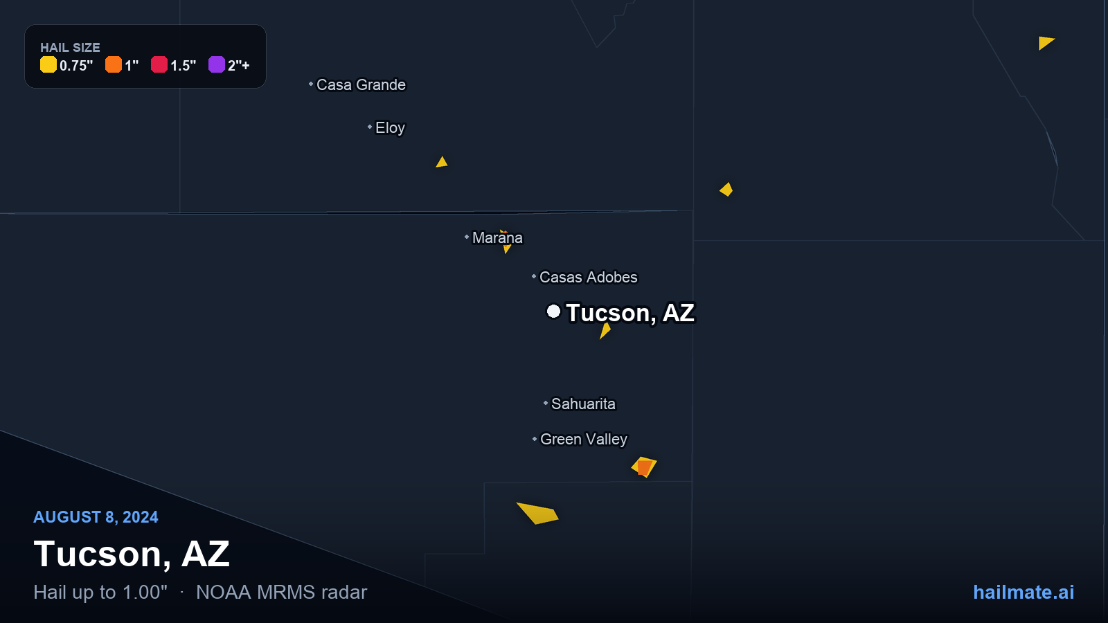 Hail swath map for Tucson, AZ on August 8, 2024 showing 1.00 inch hail.