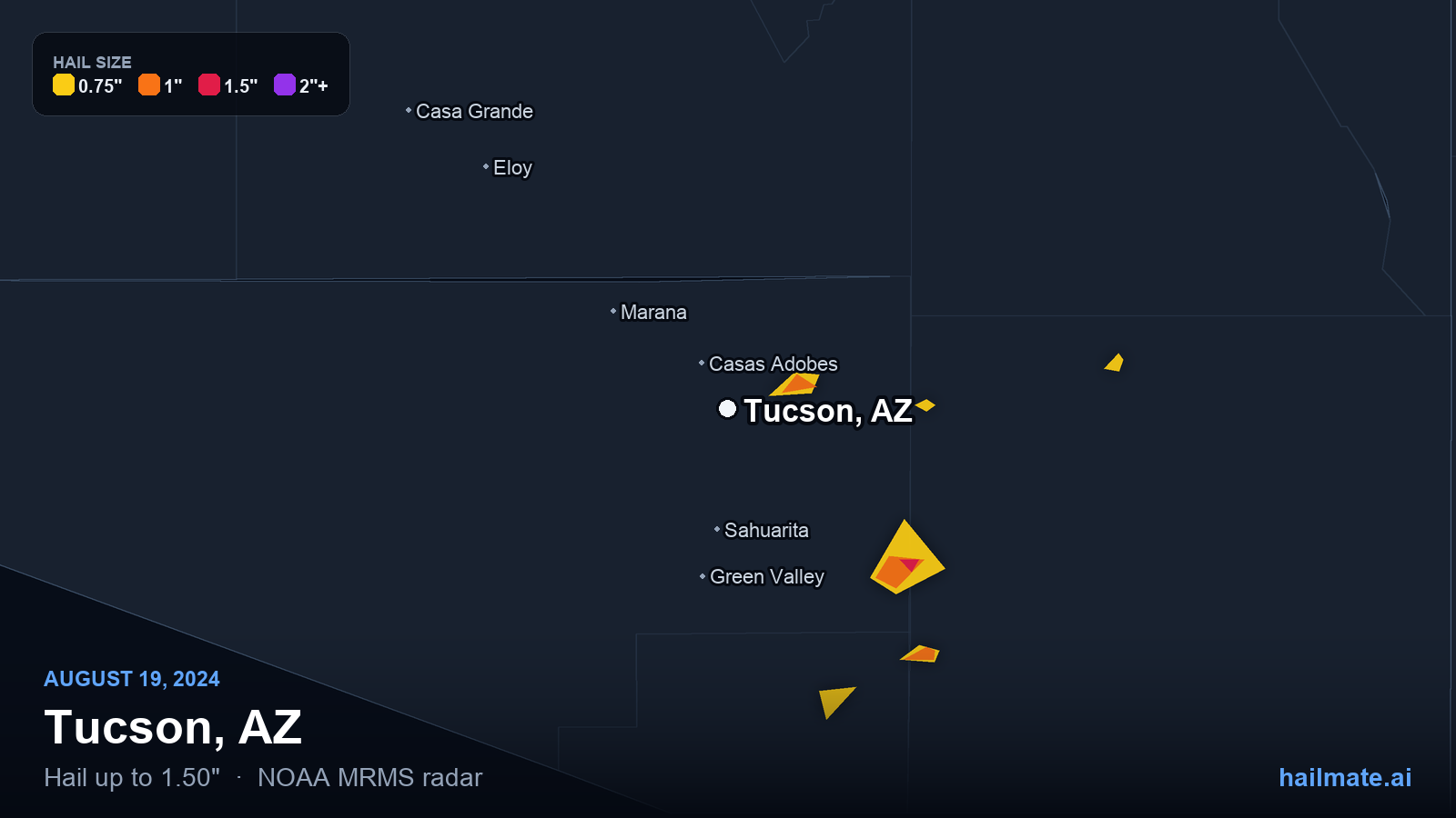 Hail swath map for Tucson, AZ on August 19, 2024 showing 1.50 inch hail.