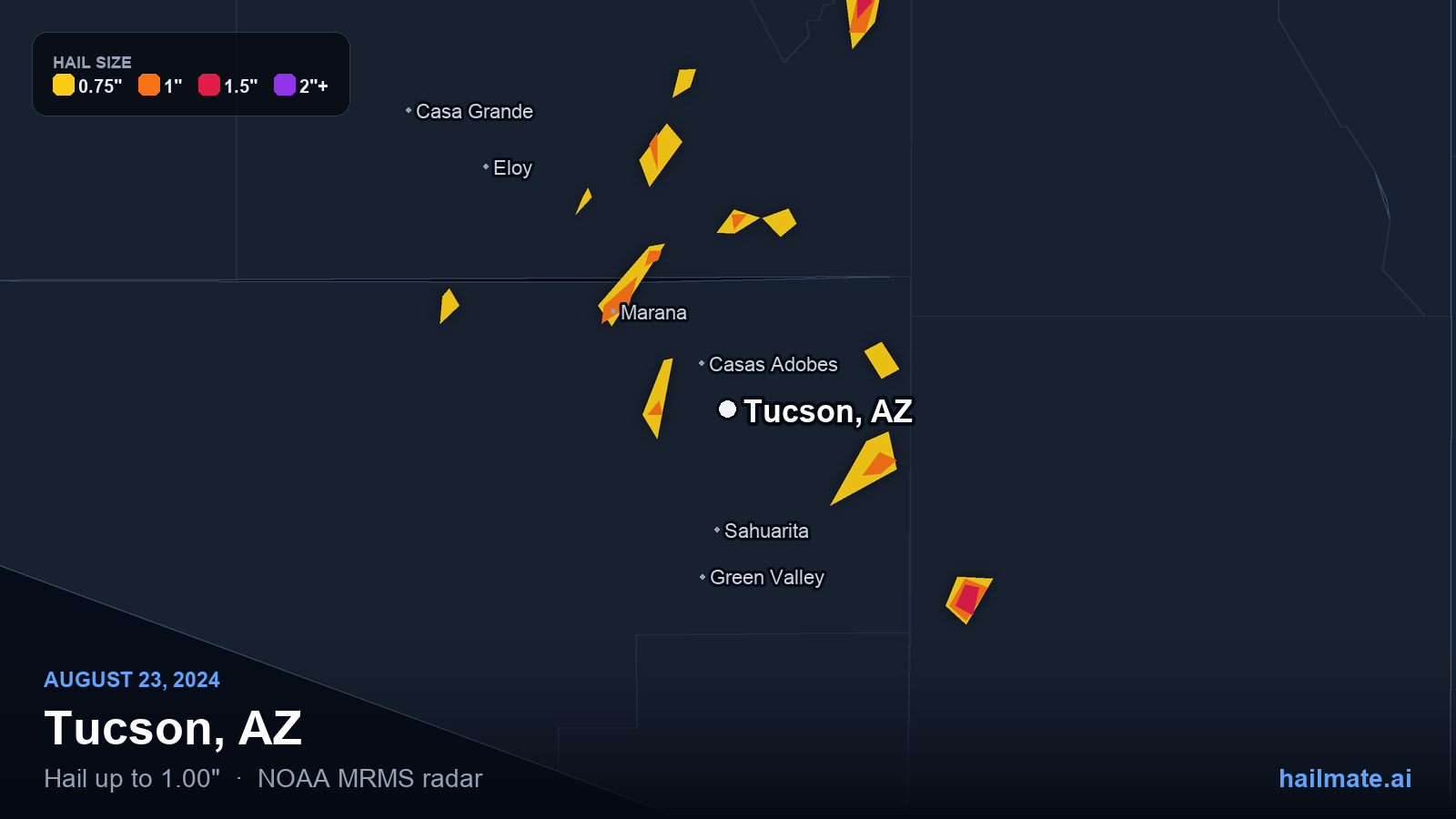 Hail swath map for Tucson, AZ on August 23, 2024 showing 1.00 inch hail.