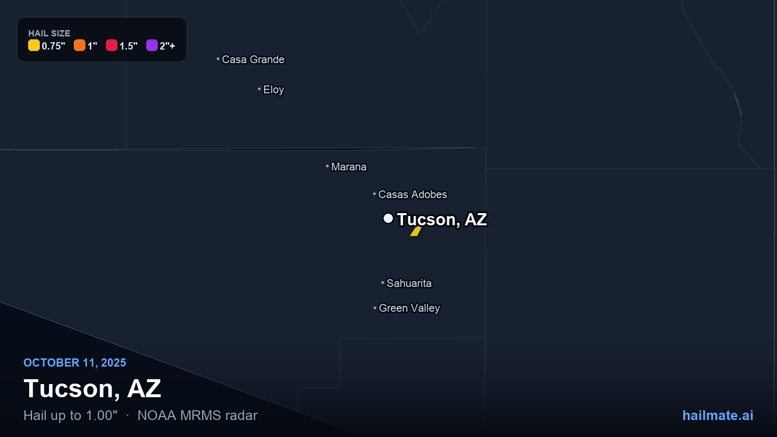 Hail swath map for Tucson, AZ on October 11, 2025 showing 1.00 inch hail.