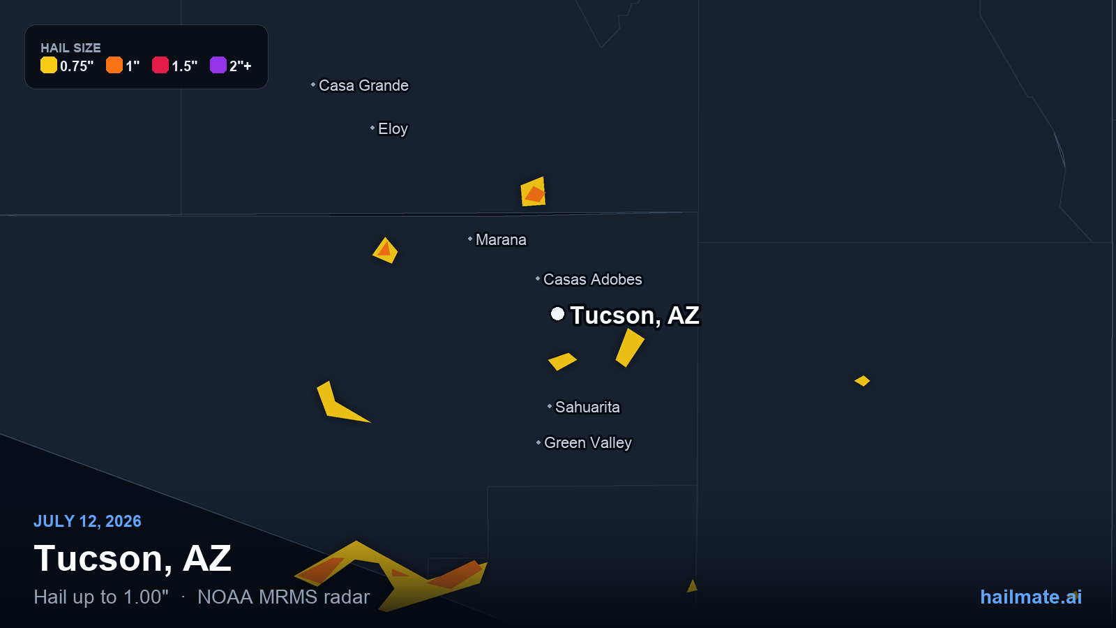 Hail swath map for Tucson, AZ on July 12, 2026 showing 1.00 inch hail.