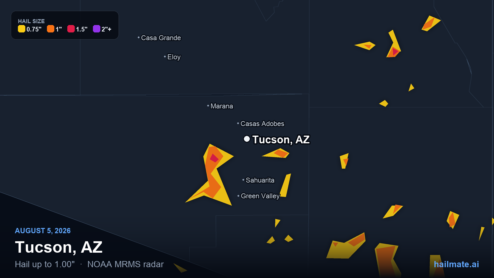 Hail swath map for Tucson, AZ on August 5, 2026 showing 1.00 inch hail.
