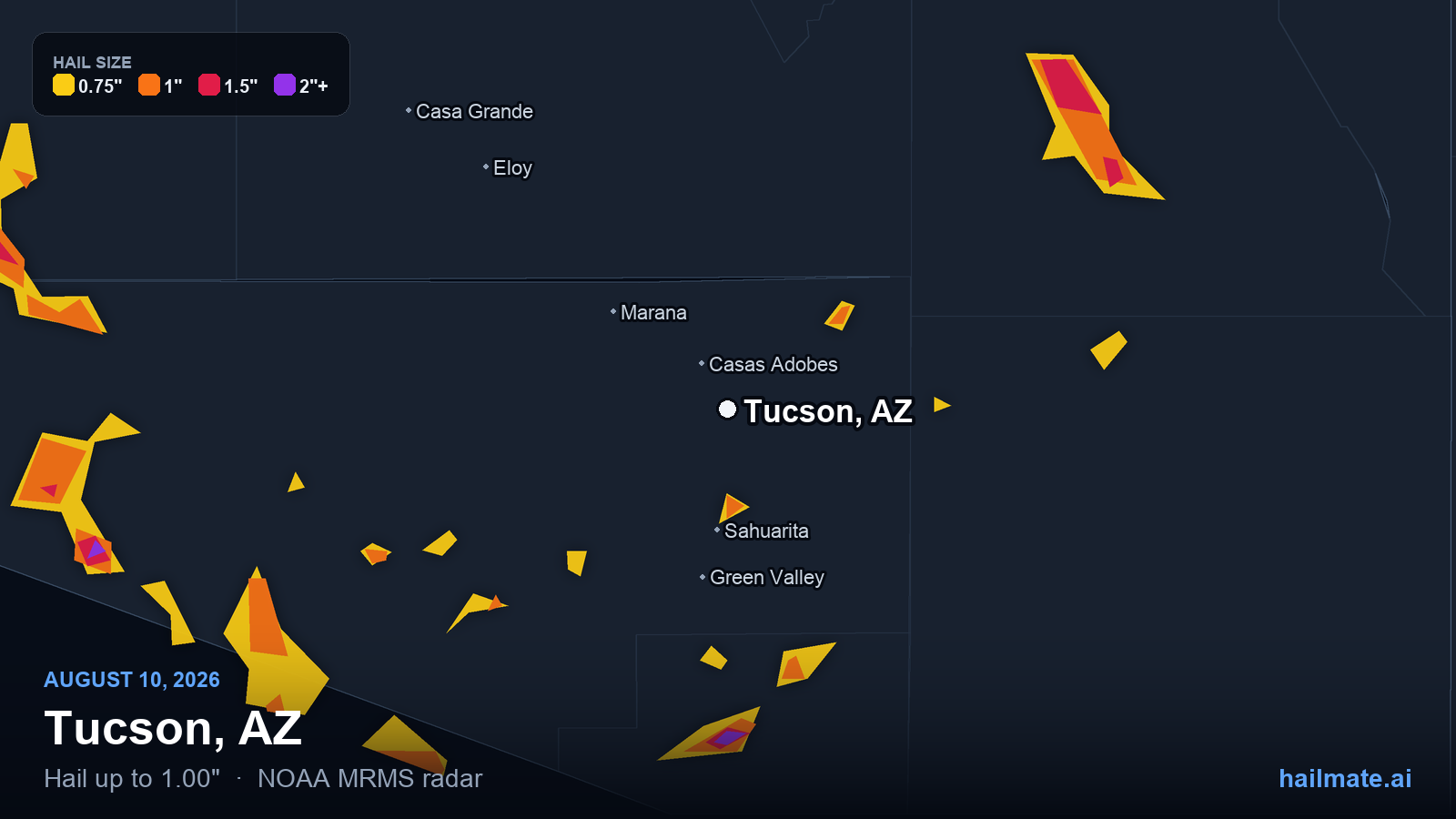 Hail swath map for Tucson, AZ on August 10, 2026 showing 1.00 inch hail.