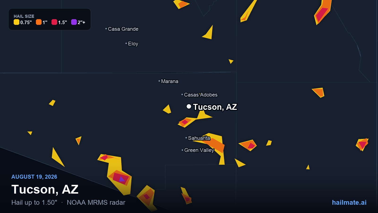 Hail swath map for Tucson, AZ on August 19, 2026 showing 1.50 inch hail.