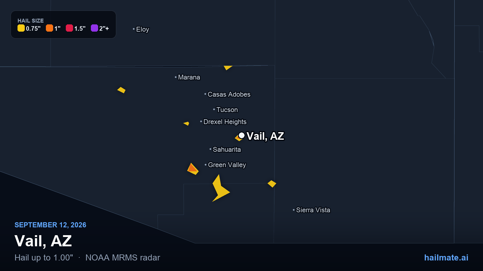 Hail swath map for Vail, AZ on September 12, 2026 showing 1.00 inch hail.