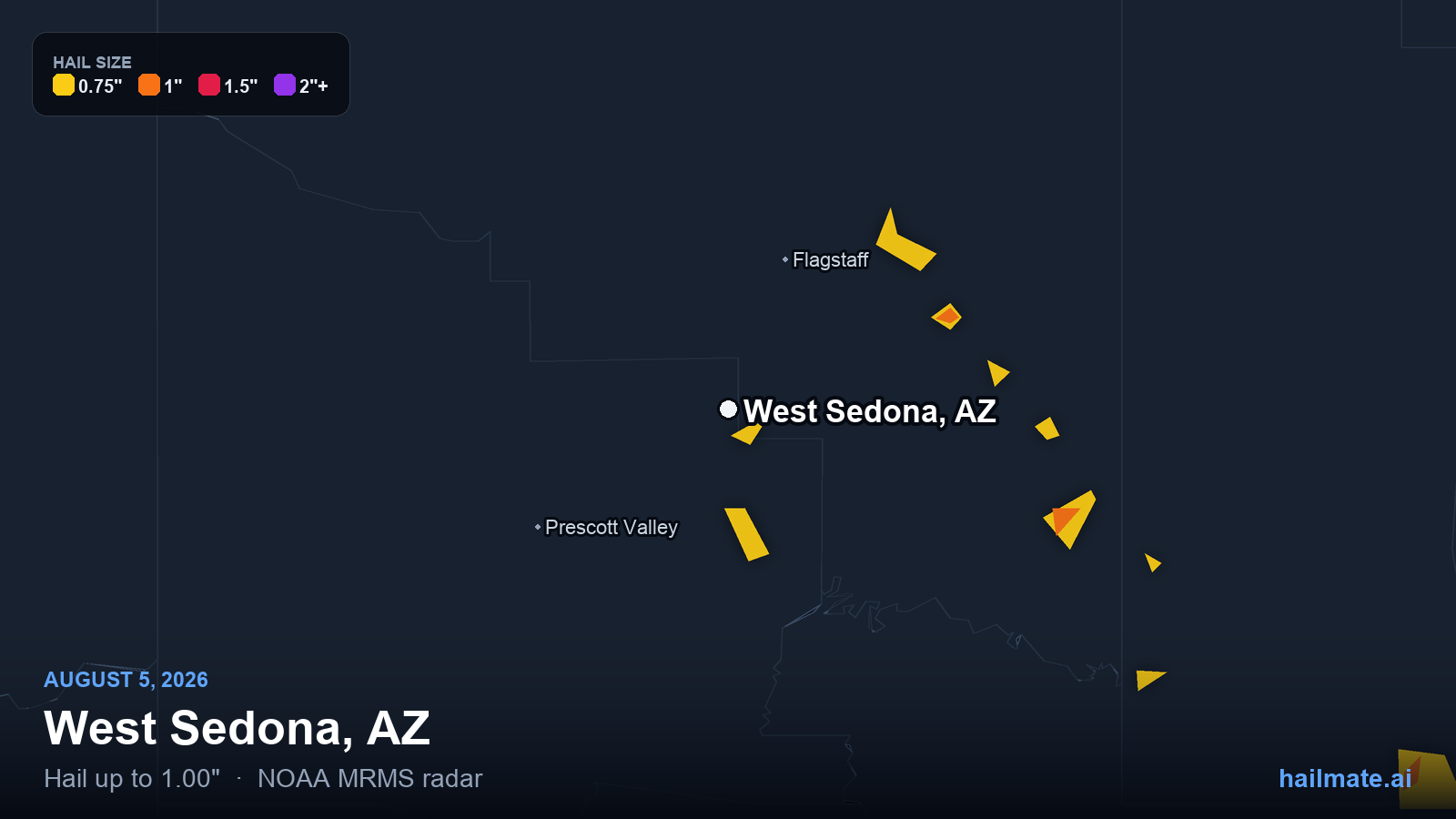 Hail swath map for West Sedona, AZ on August 5, 2026 showing 1.00 inch hail.