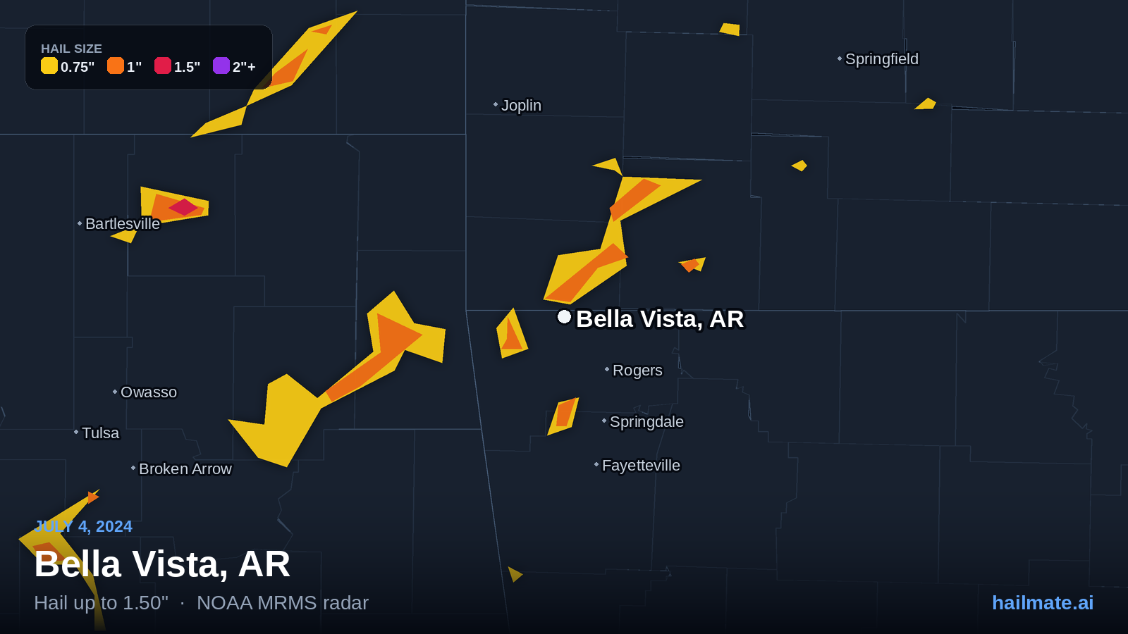 Hail swath map for Bella Vista, AR on July 4, 2024 showing 1.50 inch hail.