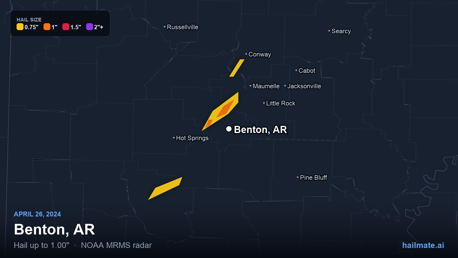 Hail swath map for Benton, AR on April 26, 2024 showing 1.00 inch hail.
