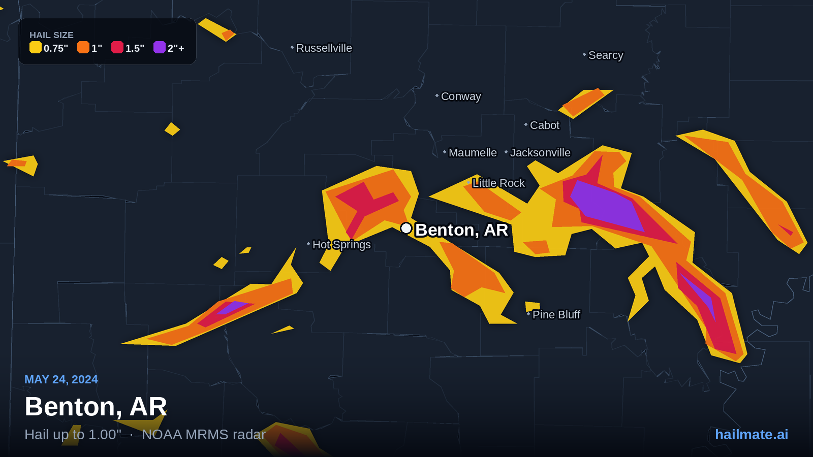 Hail swath map for Benton, AR on May 24, 2024 showing 1.00 inch hail.